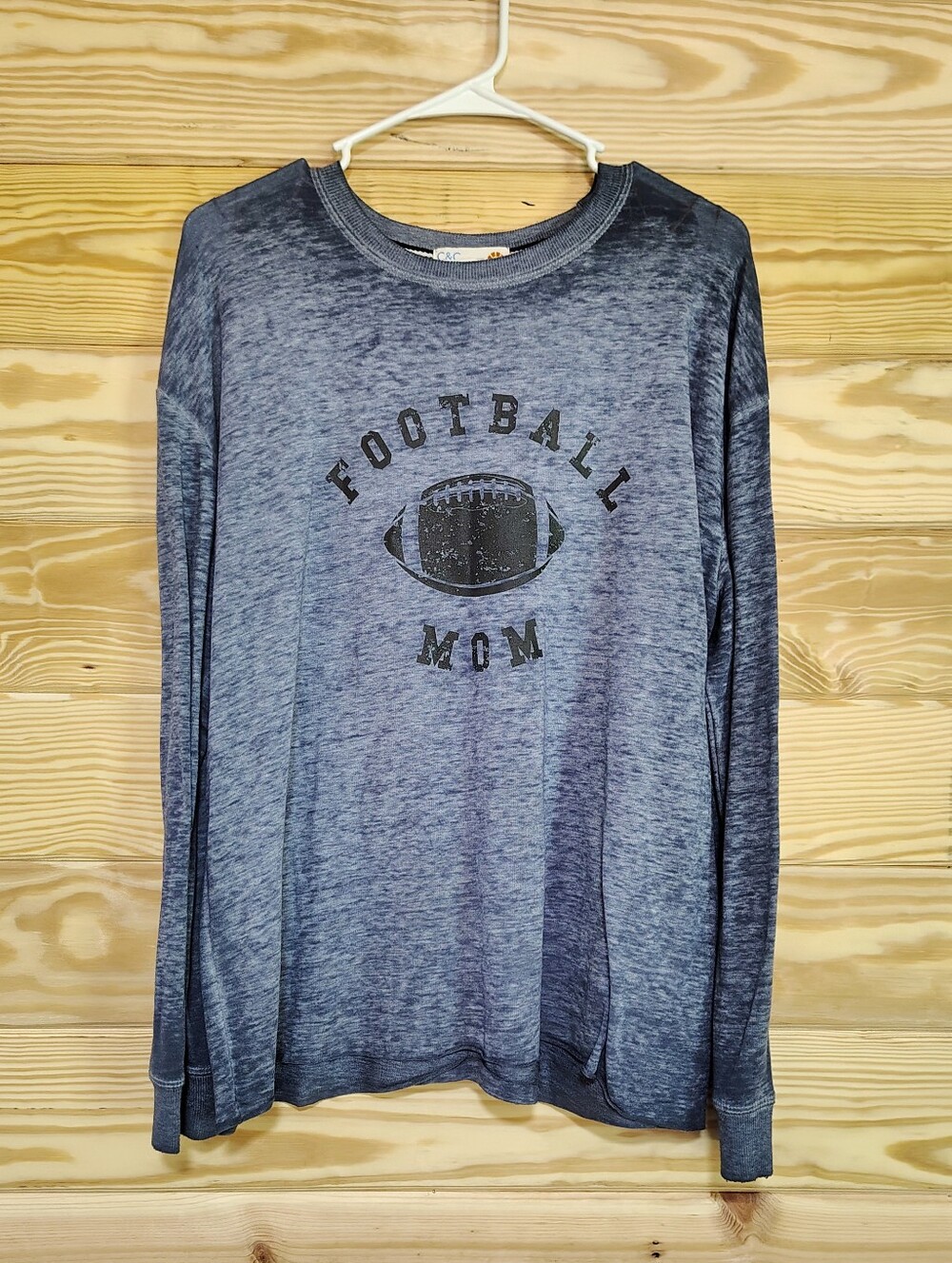 C&C California Football Mom Blue Burnout Long Sleeve Graphic Top Large Stretch